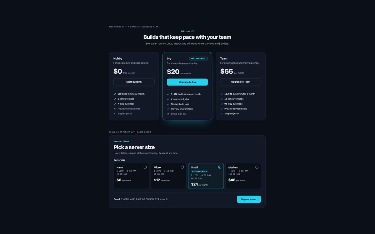 Dark Pricing Tables — free pricing table snippet in CSS, Bootstrap and Tailwind by uiCookies