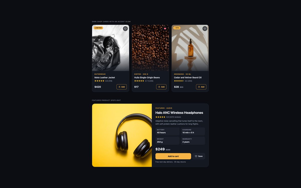 Dark Product Cards — free product card snippet in CSS, Bootstrap and Tailwind by uiCookies