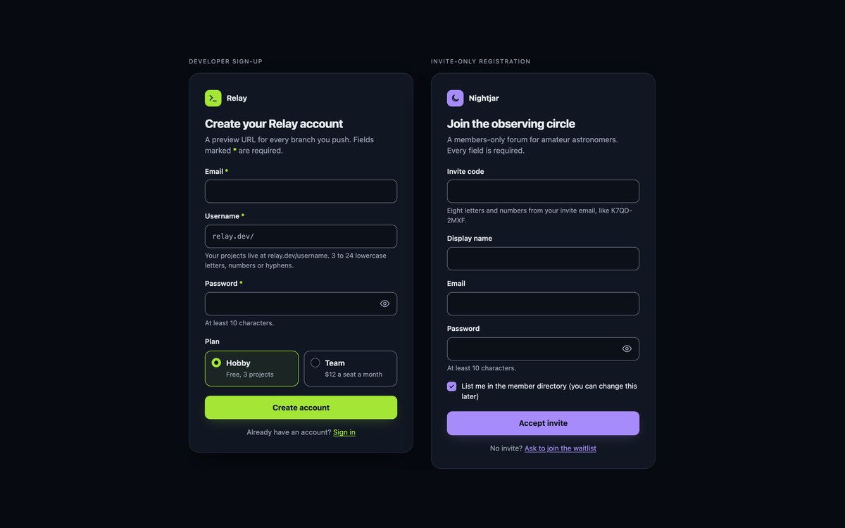 Dark Registration Forms — free registration form snippet in CSS, Bootstrap and Tailwind by uiCookies