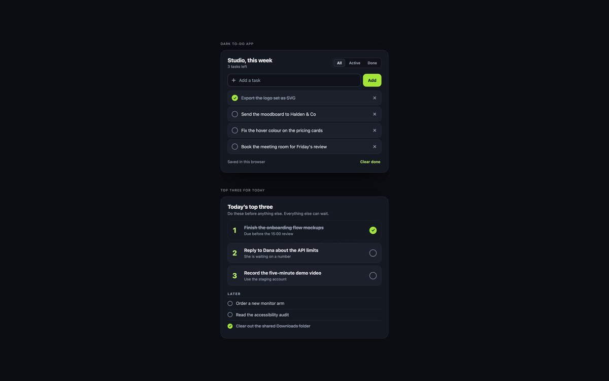 Dark To-Do Lists — free to-do list snippet in CSS, Bootstrap and Tailwind by uiCookies