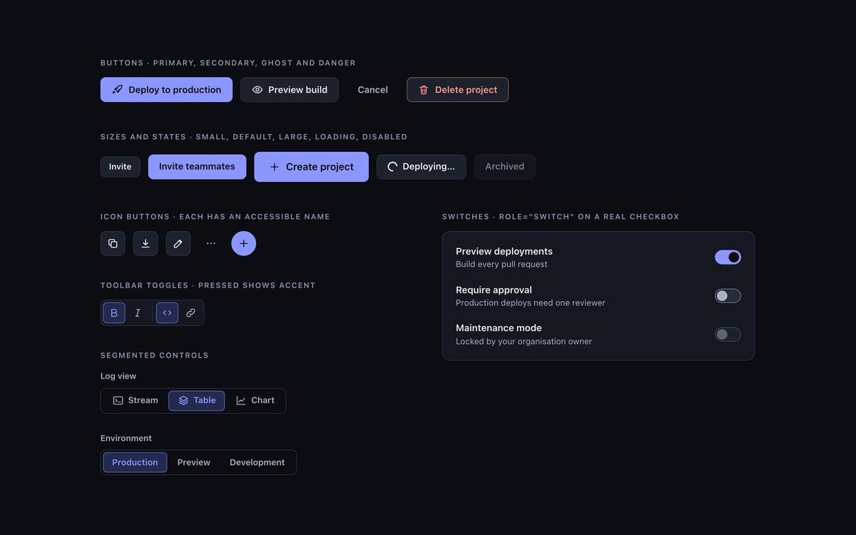 Dark UI Buttons & Toggles — free dark mode UI kit snippet in CSS, Bootstrap and Tailwind by uiCookies