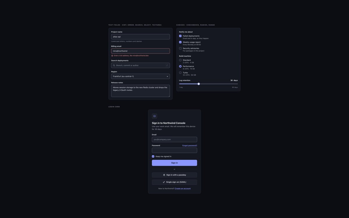 Dark UI Forms & Login Card — free dark mode UI kit snippet in CSS, Bootstrap and Tailwind by uiCookies