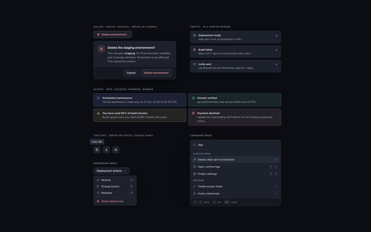 Dark UI Overlays & Feedback — free dark mode UI kit snippet in CSS, Bootstrap and Tailwind by uiCookies