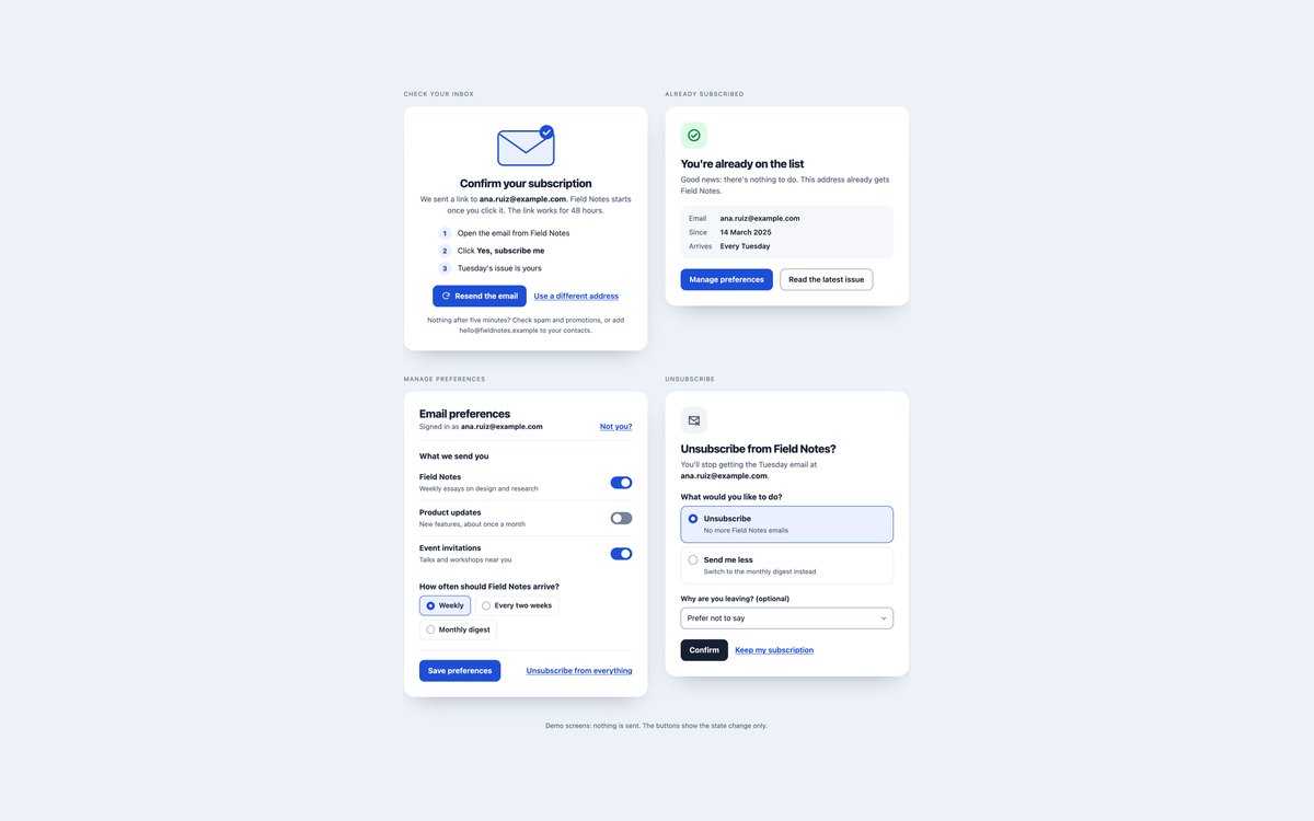 Double Opt-in Signup States — free newsletter signup form snippet in CSS, Bootstrap and Tailwind by uiCookies
