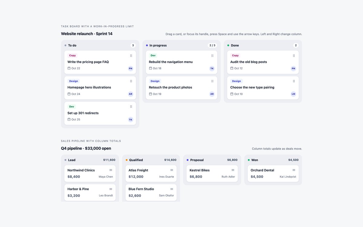 Drag and Drop Kanban Boards — free drag and drop snippet in CSS, Bootstrap and Tailwind by uiCookies