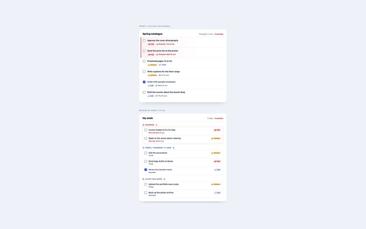Due Date Task Lists — free to-do list snippet in CSS, Bootstrap and Tailwind by uiCookies