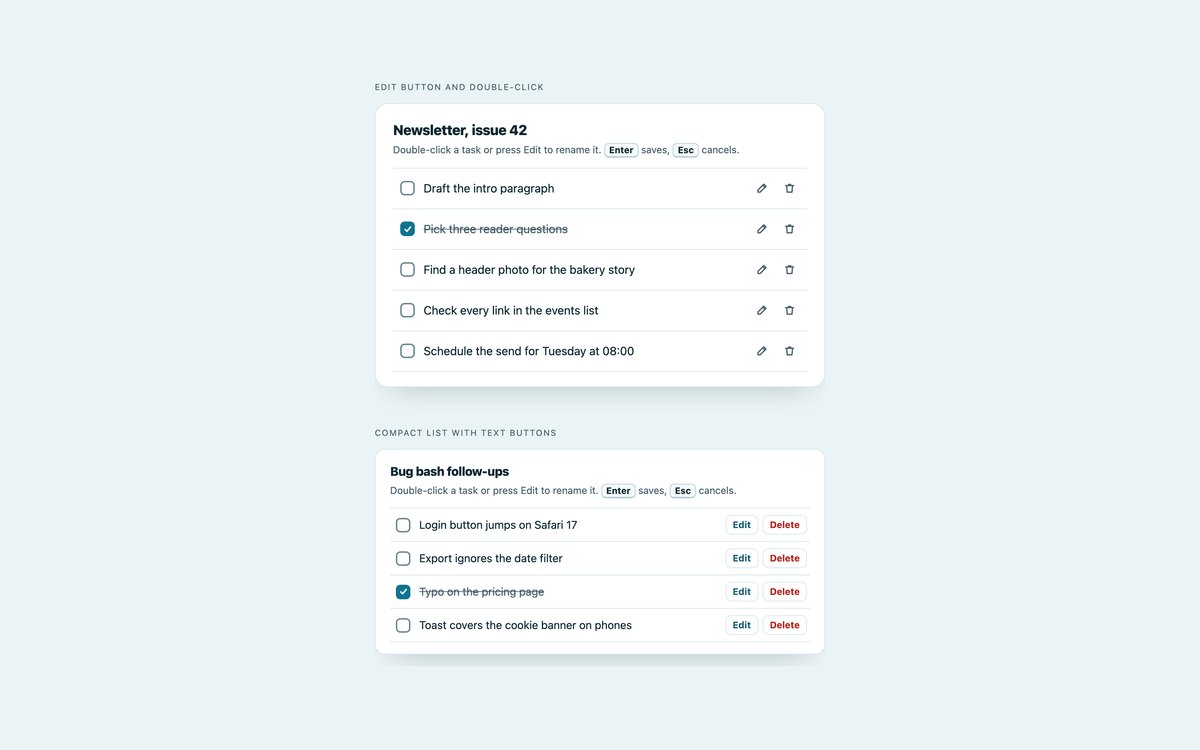 Editable To-Do List with Undo — free to-do list snippet in CSS, Bootstrap and Tailwind by uiCookies