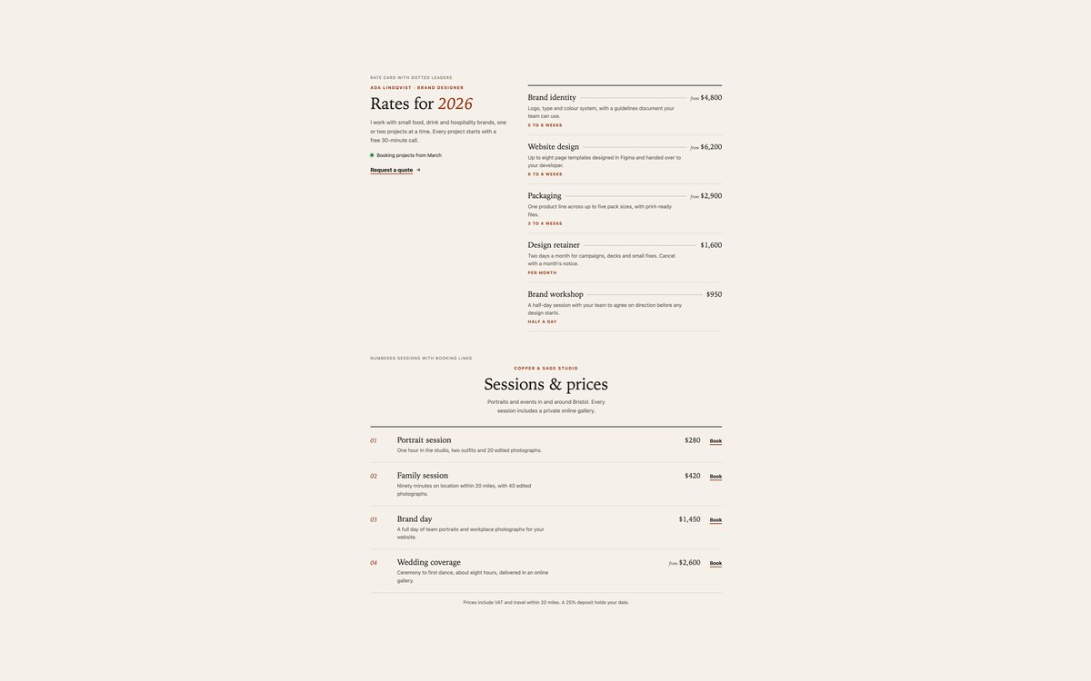 Editorial Service Price Lists — free pricing table snippet in CSS, Bootstrap and Tailwind by uiCookies
