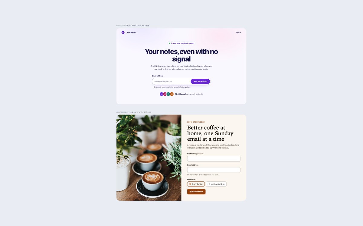 Email Capture Hero Sections — free hero section snippet in CSS, Bootstrap and Tailwind by uiCookies