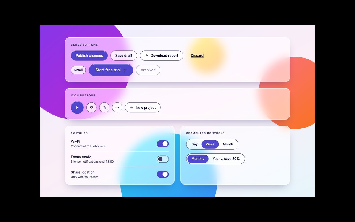 Glassmorphism Buttons & Toggles — free glassmorphism UI kit snippet in CSS, Bootstrap and Tailwind by uiCookies