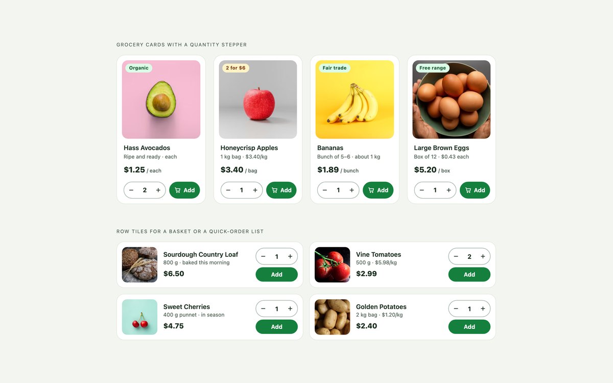 Grocery Product Cards — free product card snippet in CSS, Bootstrap and Tailwind by uiCookies
