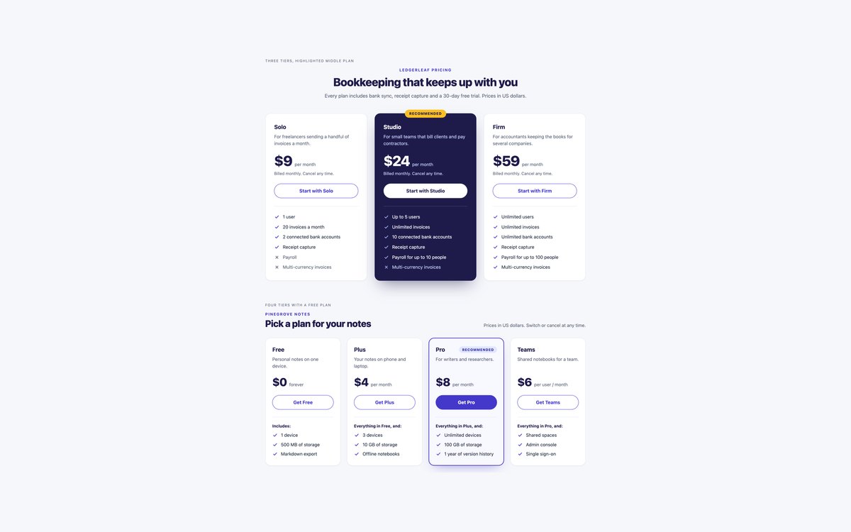 Highlighted Plan Pricing Cards — free pricing table snippet in CSS, Bootstrap and Tailwind by uiCookies