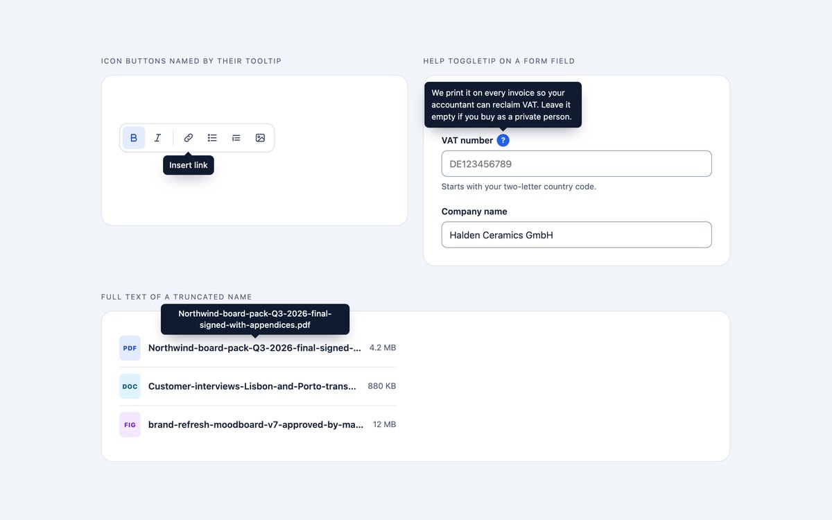 Icon Button and Help Tooltips — free tooltip snippet in CSS, Bootstrap and Tailwind by uiCookies