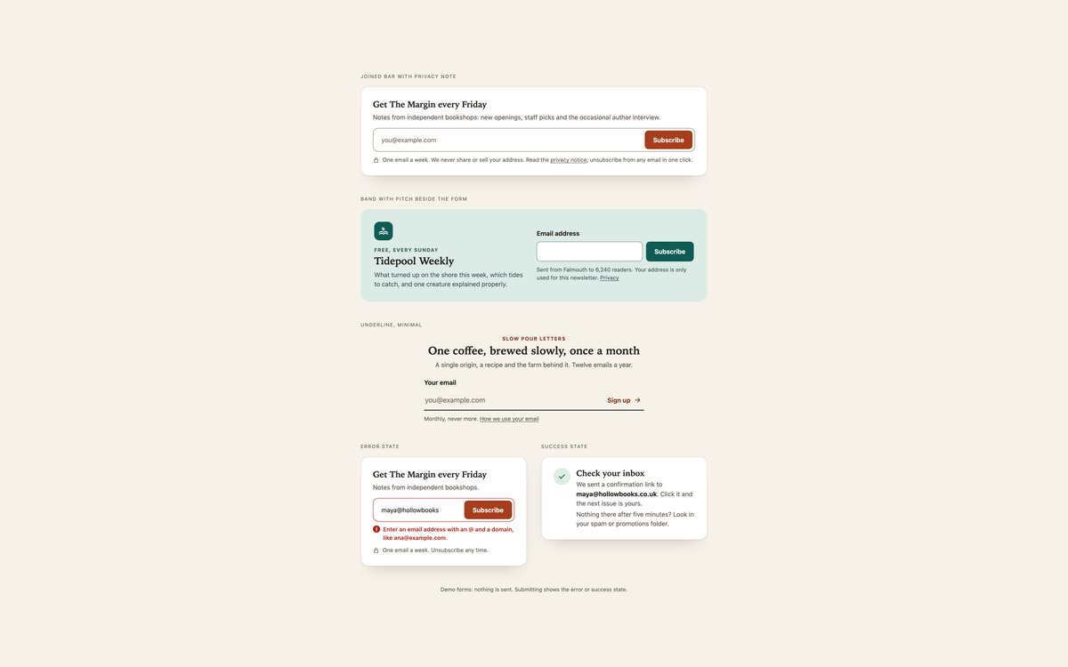Inline Subscribe Bars — free newsletter signup form snippet in CSS, Bootstrap and Tailwind by uiCookies