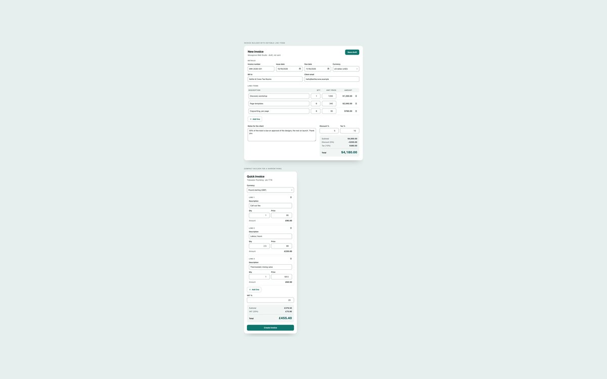 Invoice Builder Forms — free invoice snippet in CSS, Bootstrap and Tailwind by uiCookies