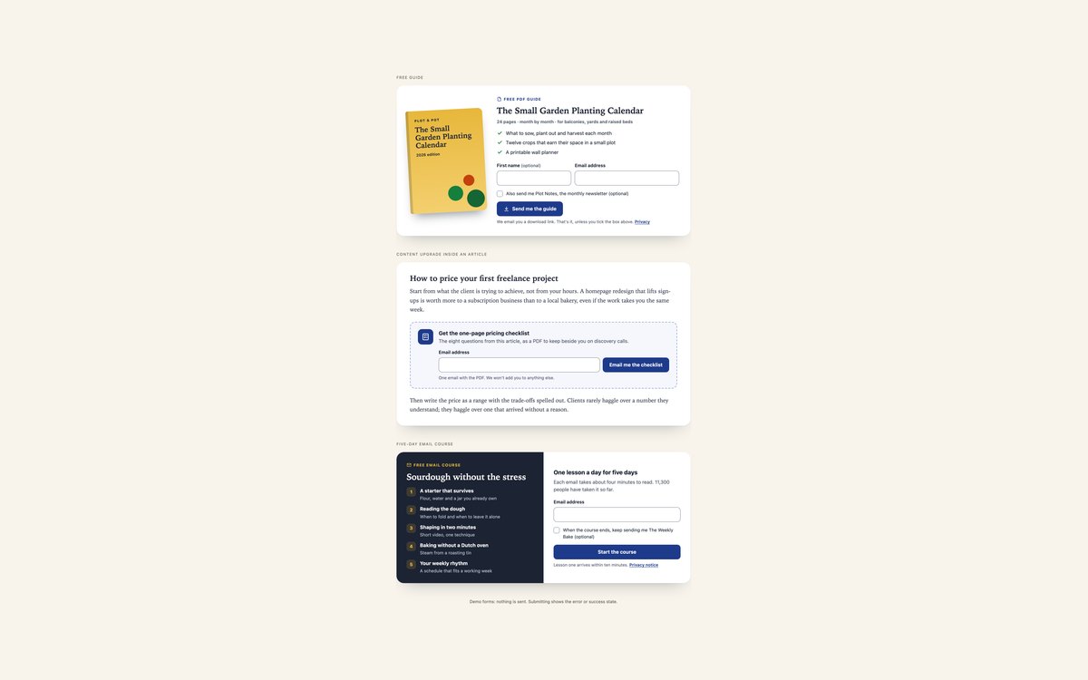 Lead Magnet Signup Forms — free newsletter signup form snippet in CSS, Bootstrap and Tailwind by uiCookies