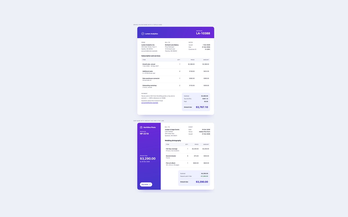 Modern Minimal Invoices — free invoice snippet in CSS, Bootstrap and Tailwind by uiCookies