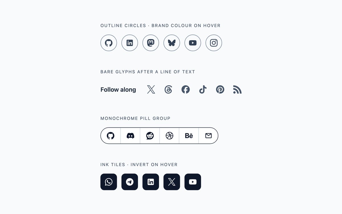 Mono and Outline Social Icons — free social media icon set snippet in CSS, Bootstrap and Tailwind by uiCookies