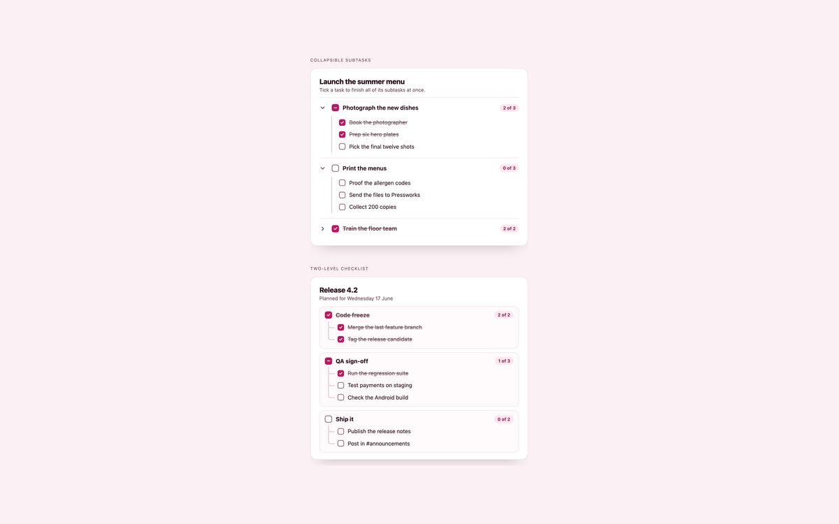 Nested Subtask Checklists — free to-do list snippet in CSS, Bootstrap and Tailwind by uiCookies
