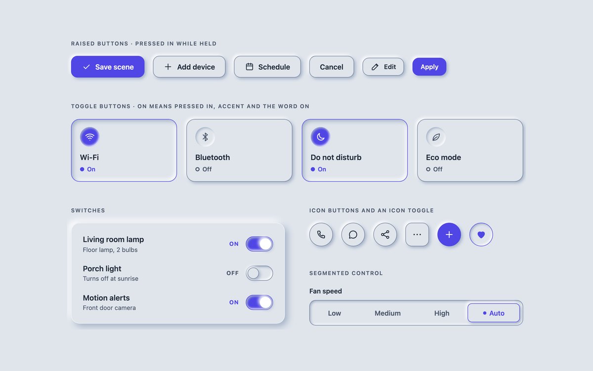 Neumorphic Buttons & Switches — free neumorphism UI kit snippet in CSS, Bootstrap and Tailwind by uiCookies