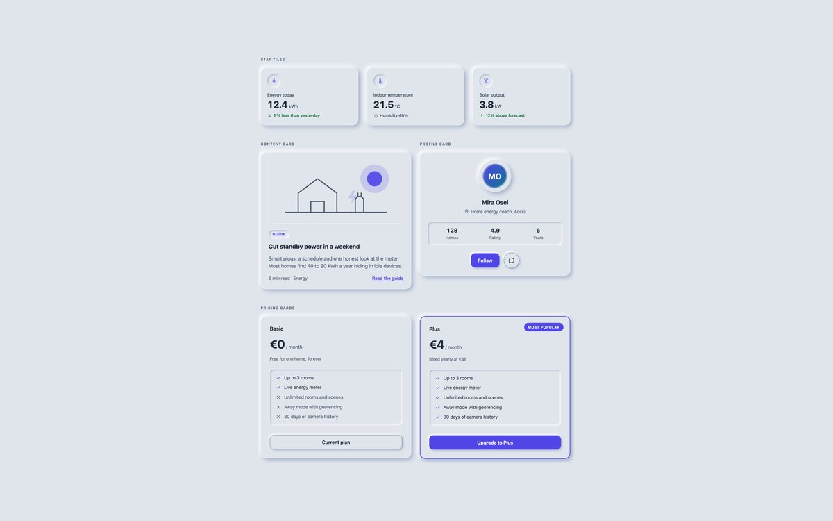 Neumorphic Cards — free neumorphism UI kit snippet in CSS, Bootstrap and Tailwind by uiCookies