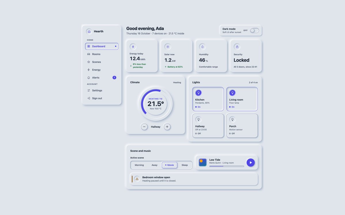 Neumorphic Smart-Home Dashboard — free neumorphism UI kit snippet in CSS, Bootstrap and Tailwind by uiCookies