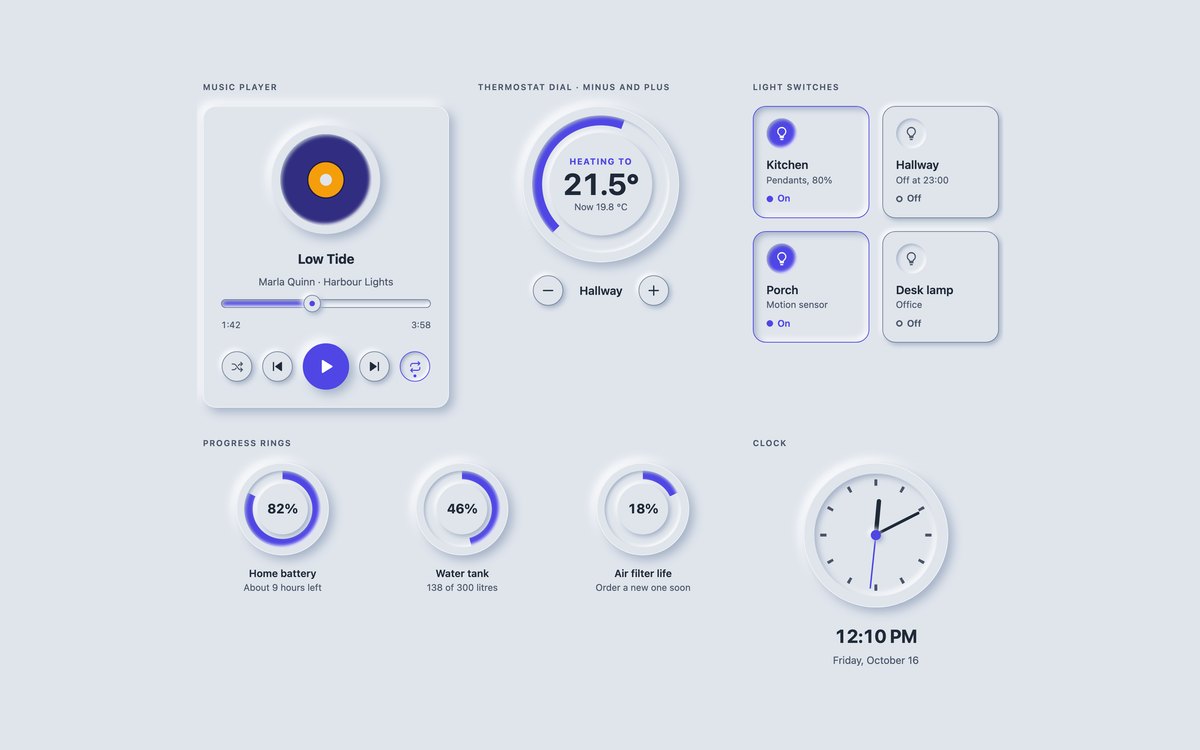 Neumorphic Smart-Home Widgets — free neumorphism UI kit snippet in CSS, Bootstrap and Tailwind by uiCookies