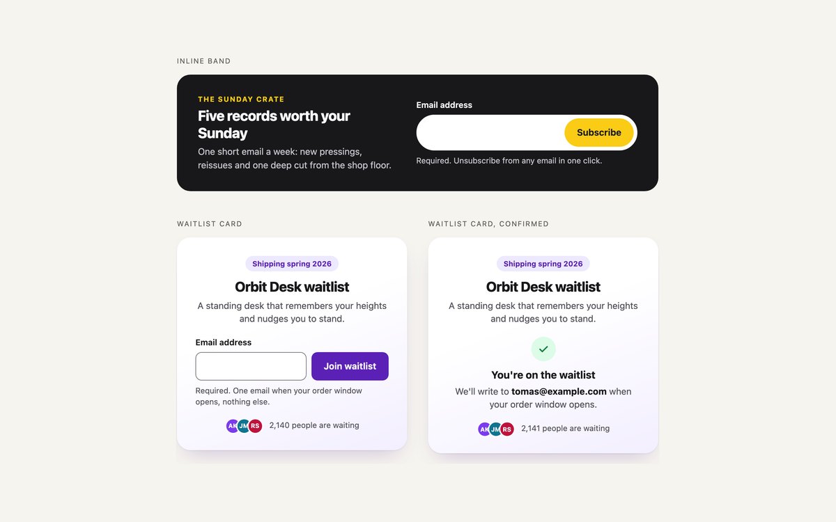 Newsletter and Waitlist Forms — free registration form snippet in CSS, Bootstrap and Tailwind by uiCookies