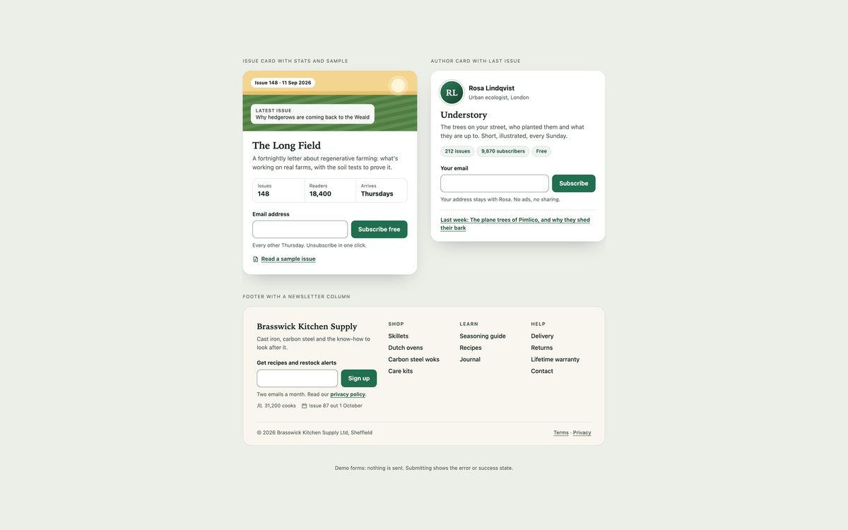 Newsletter Cards and Footers — free newsletter signup form snippet in CSS, Bootstrap and Tailwind by uiCookies