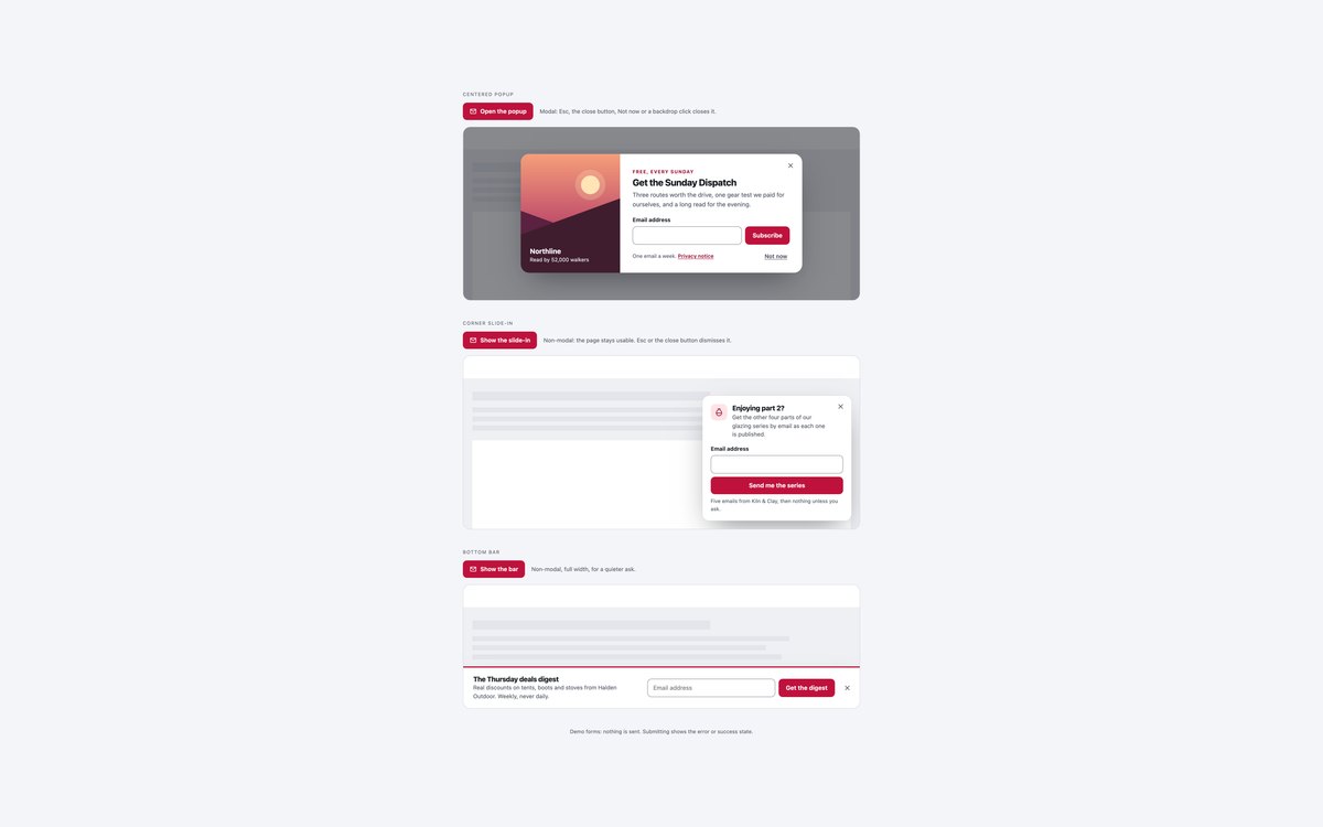 Newsletter Popups and Slide-ins — free newsletter signup form snippet in CSS, Bootstrap and Tailwind by uiCookies