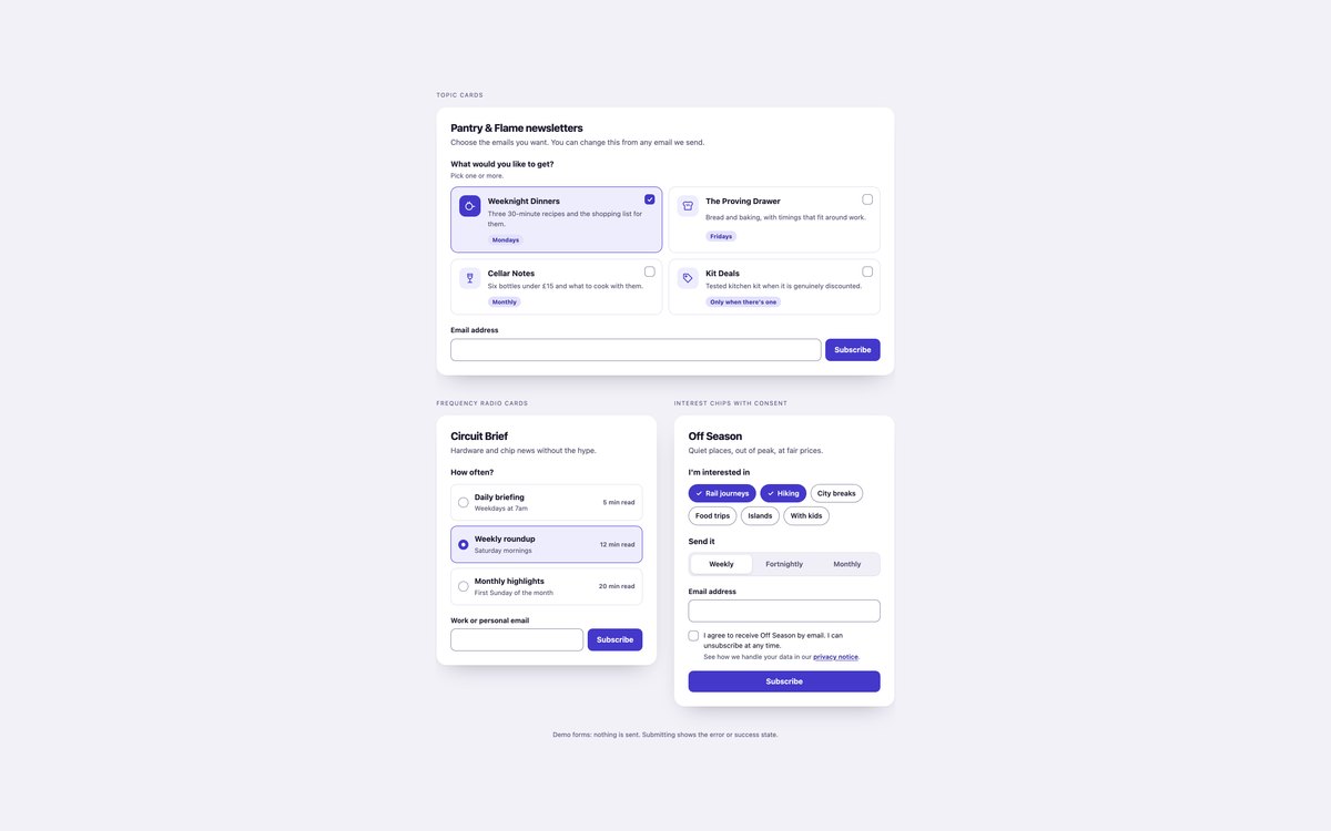 Newsletter Preference Pickers — free newsletter signup form snippet in CSS, Bootstrap and Tailwind by uiCookies