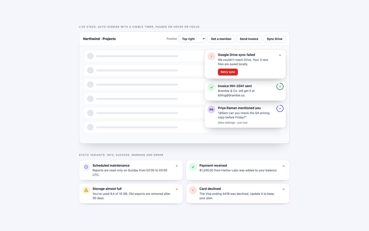 Notification Toast Stack — free notification snippet in CSS, Bootstrap and Tailwind by uiCookies