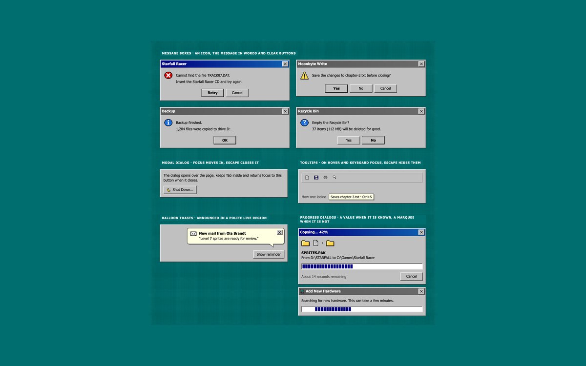 Retro Dialogs, Alerts & Toasts — free retro UI kit snippet in CSS, Bootstrap and Tailwind by uiCookies