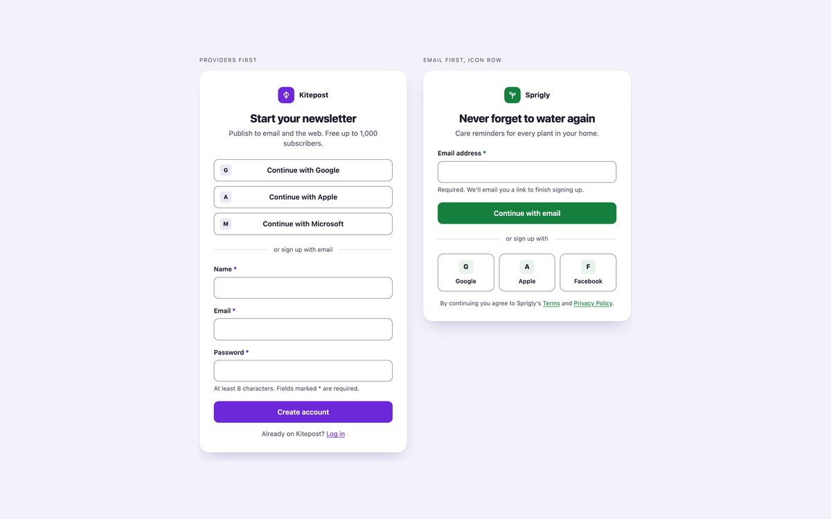 Social and Email Sign-up Forms — free registration form snippet in CSS, Bootstrap and Tailwind by uiCookies