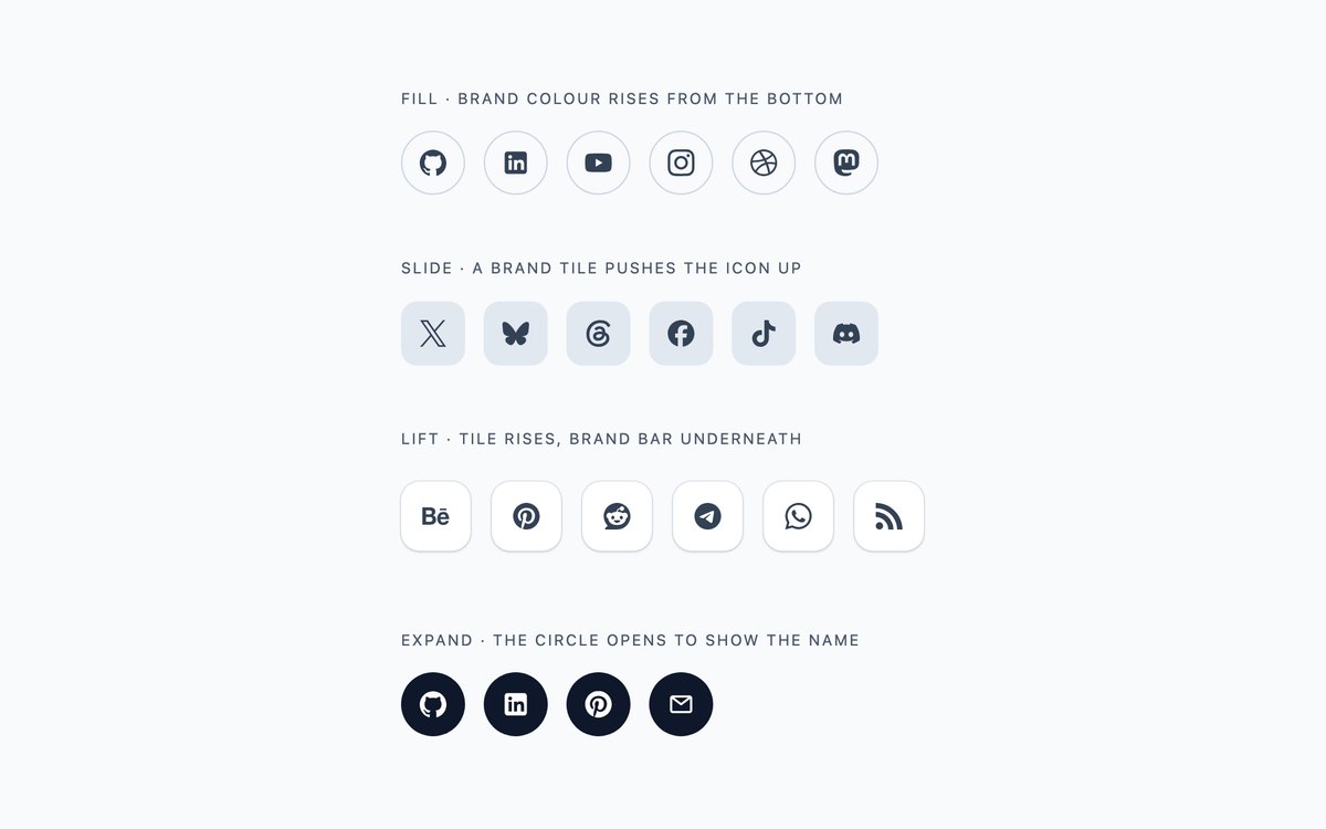Social Icon Hover Effects — free social media icon set snippet in CSS, Bootstrap and Tailwind by uiCookies