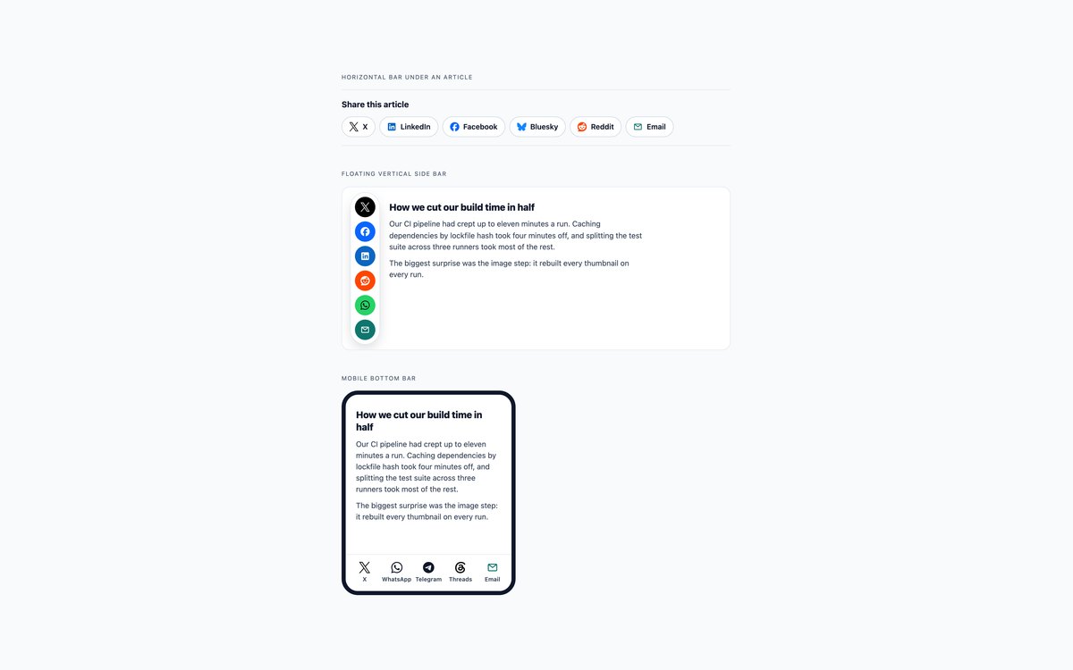 Social Share Bars — free social media icon set snippet in CSS, Bootstrap and Tailwind by uiCookies