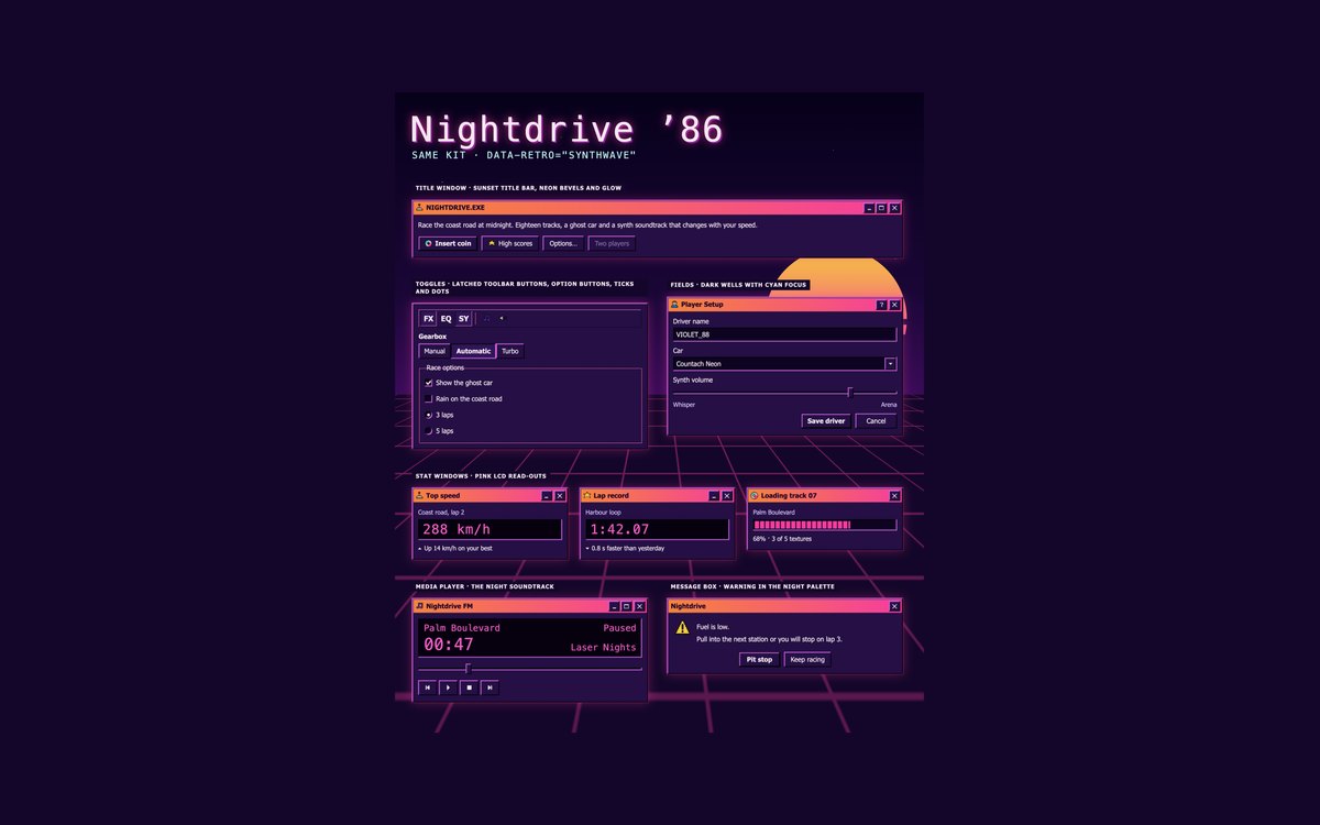 Synthwave 80s UI Theme — free retro UI kit snippet in CSS, Bootstrap and Tailwind by uiCookies