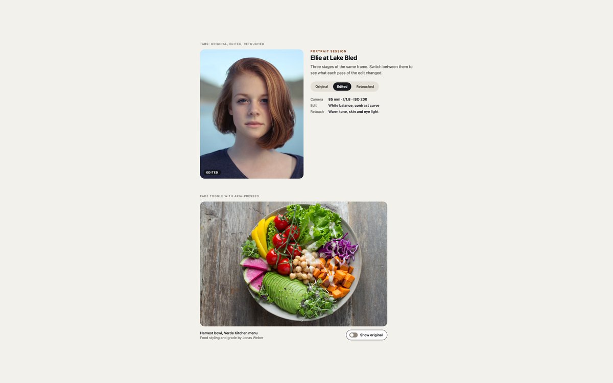 Tab and Toggle Comparisons — free image comparison slider snippet in CSS, Bootstrap and Tailwind by uiCookies