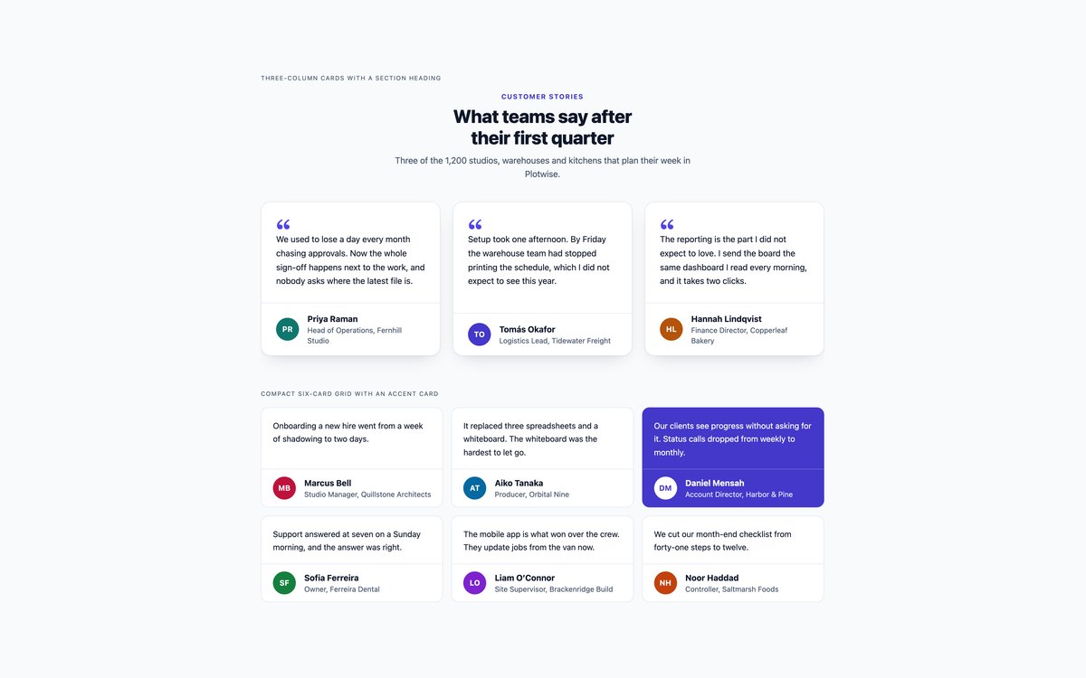 Testimonial Cards Grid — free testimonial section snippet in CSS, Bootstrap and Tailwind by uiCookies