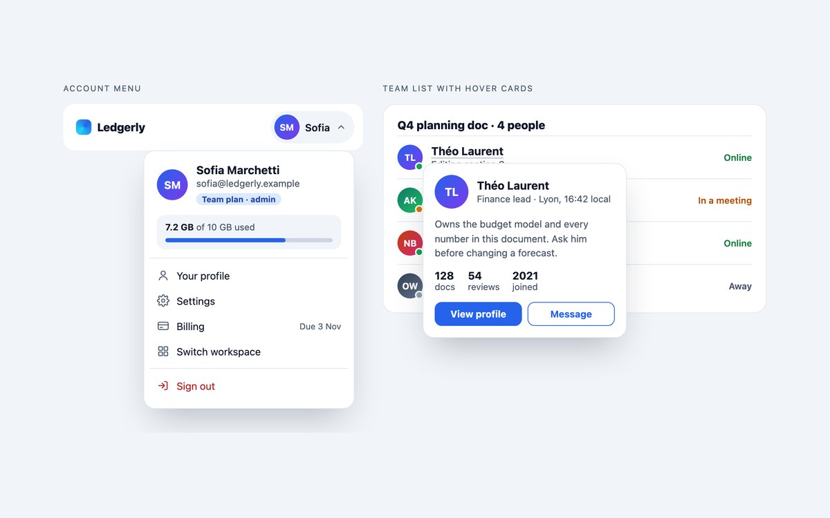 User Menus and Hover Cards — free profile card snippet in CSS, Bootstrap and Tailwind by uiCookies