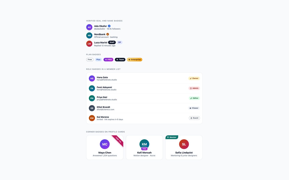Verified and Role Badges — free badge and avatar snippet in CSS, Bootstrap and Tailwind by uiCookies