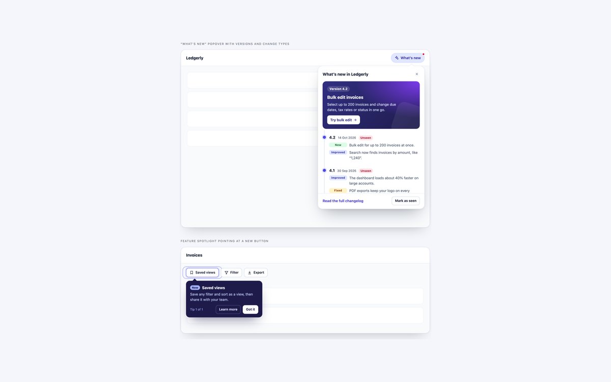 What's New Changelog Popover — free notification snippet in CSS, Bootstrap and Tailwind by uiCookies