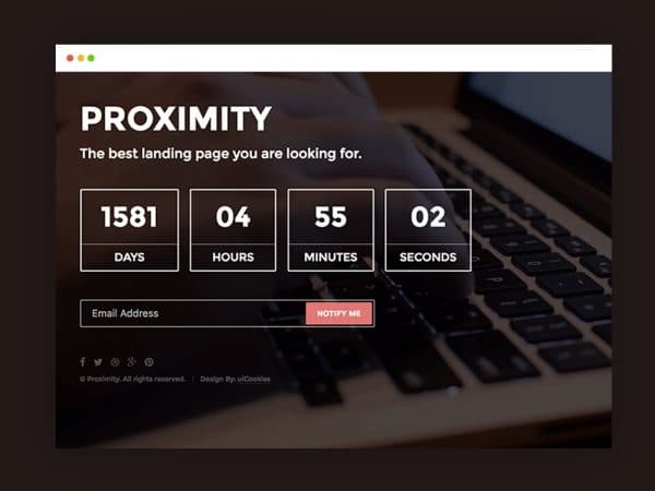 Countdown webpage for "Proximity" with email input and social media icons, designed by uiCookies.