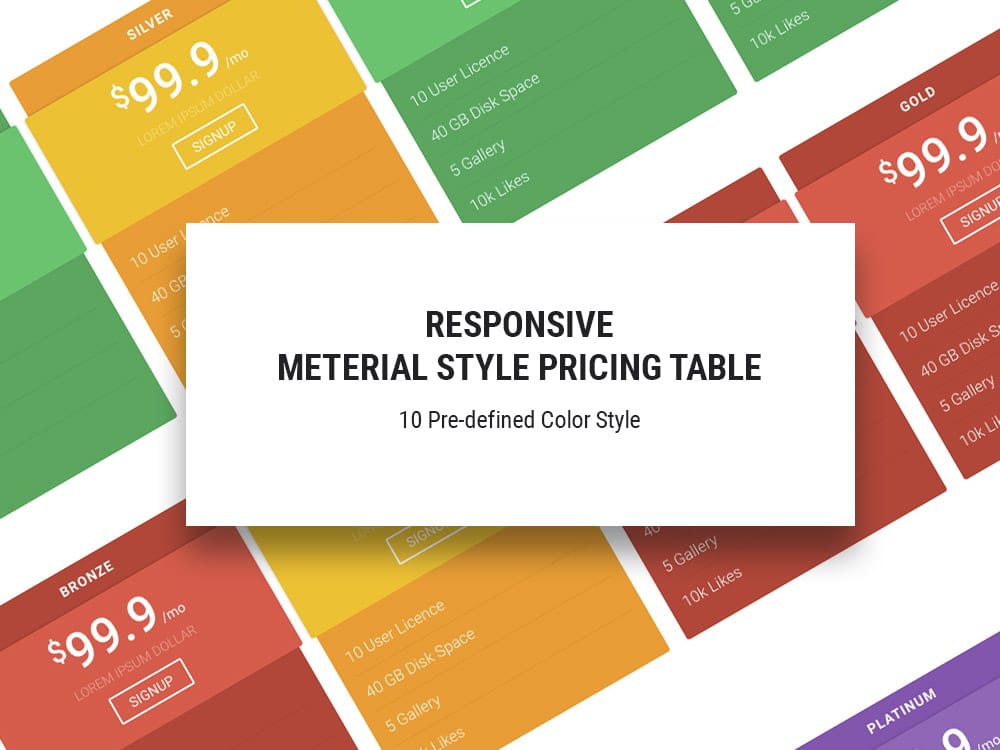 Tiered pricing plans with Silver, Gold, Bronze, and Platinum options, each at $99.9/month.