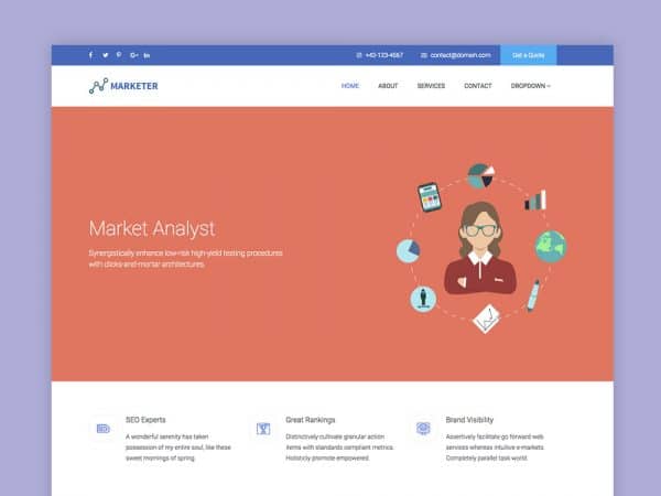 Market analyst page with SEO Experts, Great Rankings, and Brand Visibility sections.