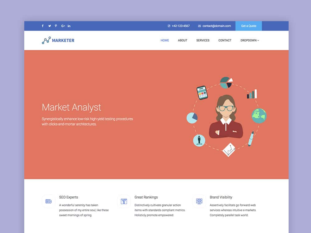 Market analyst page with SEO Experts, Great Rankings, and Brand Visibility sections.